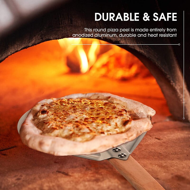 7/8/9 inch, aluminiu perforat, coajă pentru pizza, paletă rotundă de metal pentru pizza, mâner din lemn antiderapant, spatulă pentru pizza, lopată, unelte de coacere