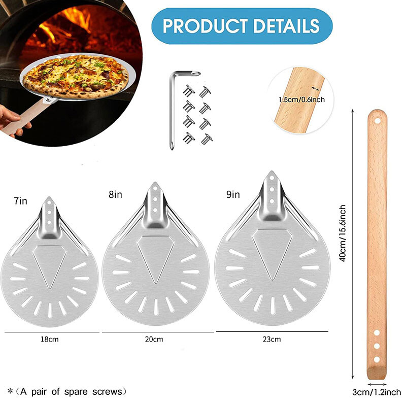 7/8/9 inch, aluminiu perforat, coajă pentru pizza, paletă rotundă de metal pentru pizza, mâner din lemn antiderapant, spatulă pentru pizza, lopată, unelte de coacere