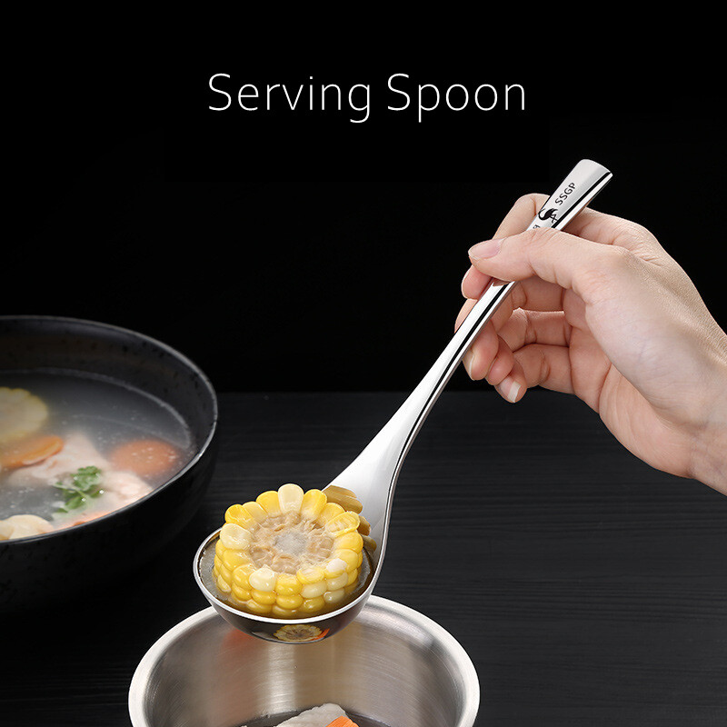 LFGB Certificate 304 Rozsdamentes acél tálaló kanál, 205 mm hosszú, 70 mm széles leveses merőkanál családi ebédlő evőeszköz étkészlethez