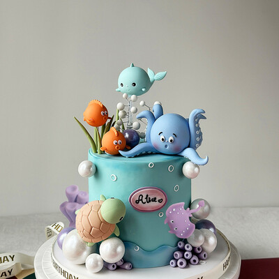 „Po jūra“ gyvūnai „Cake Topper Ocean“ tema Gimtadienio vakarėlio torto dekoravimas Aštuonkojų/vėžlių/banginių tortas Topper Baby Shower