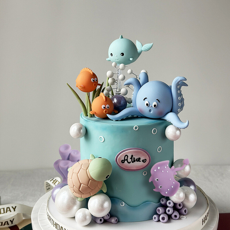 Tenger alatti állatok Cake Topper Ocean téma Születésnapi parti tortadísz polip/teknősök/bálnák torta topper babazuhany