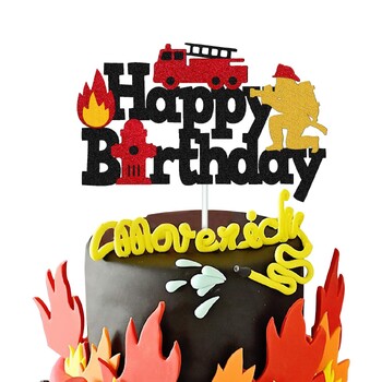 Διακόσμηση κέικ για πάρτι Fire Truck Happy Birthday Cake Topper Topper σε σχήμα φωτιάς Cupcake Little Firefighter Μπομπονιέρες για πάρτι γενεθλίων