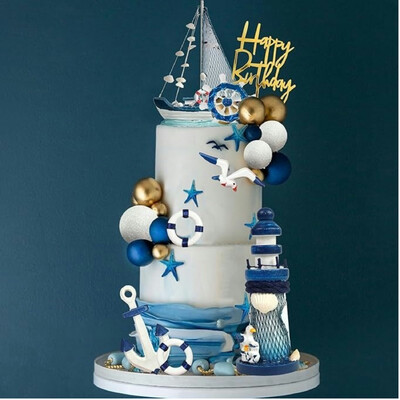 24 τμχ Μπλε Λευκό Ναυτικό Θέμα Cake Topper Anchor Ship Seagull Cake Decorations Birthday Party Summer Ship Party Picks Supplies