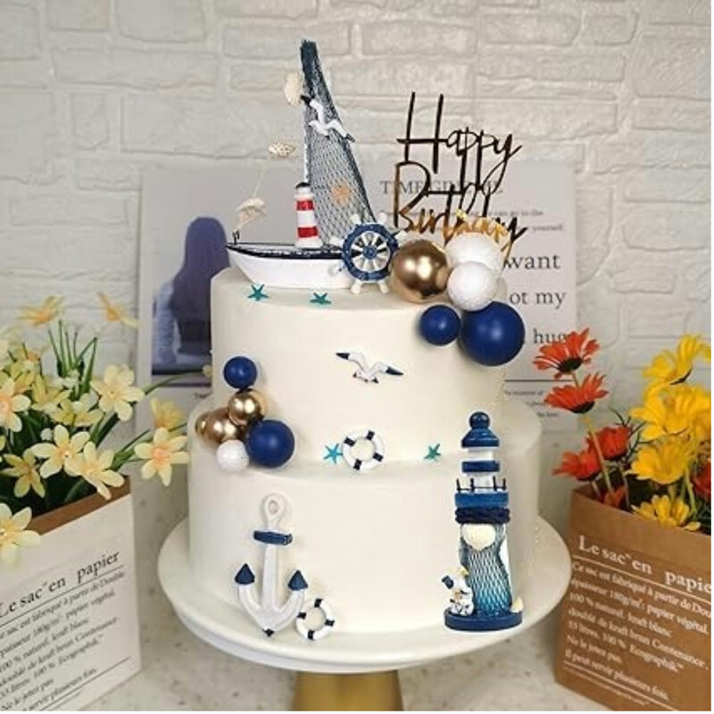24 db Kék-fehér tengeri témájú torta teteje horgonyhajó sirály tortadíszek Születésnapi parti Nyári Hajóparti Kellékek