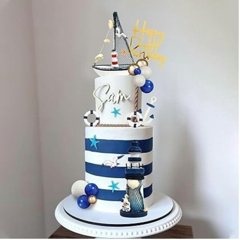 24 db Kék-fehér tengeri témájú torta teteje horgonyhajó sirály tortadíszek Születésnapi parti Nyári Hajóparti Kellékek