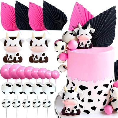 24 τμχ Διακοσμηση τούρτας αγελάδας Cowgirl Birthday Cake Topper Palm Leaves Balls Cake Topper Barnyard Animal Birthday Party Διακοσμήσεις