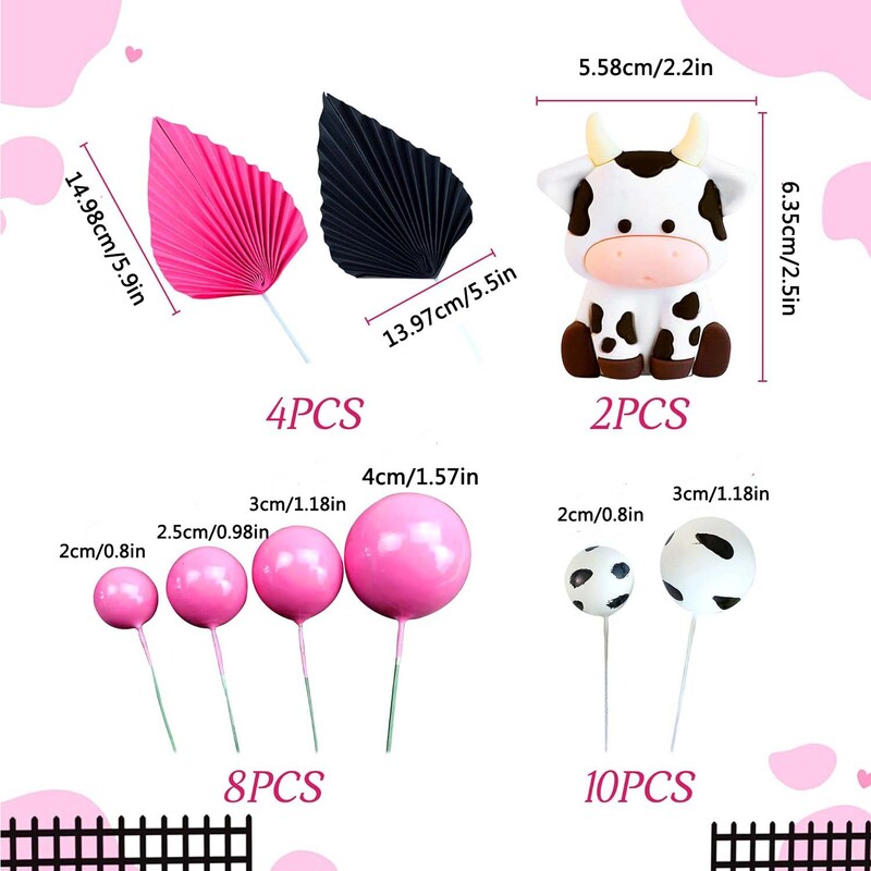 24 db tehéntortadísz tehénlány születésnapi torta teteje pálmalevelek golyók tortafedő Barnyard állatok születésnapi parti díszei