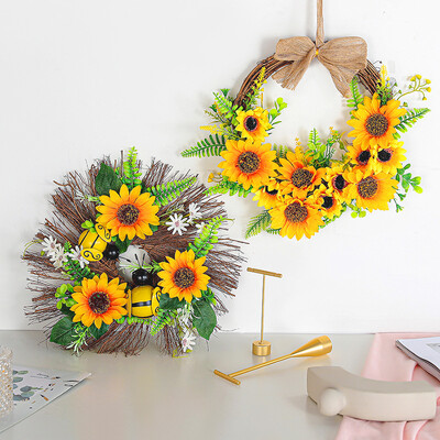 Sunflower Wreath Festival Διακόσμηση πόρτας Sun Flower Ημικυκλικό Στολίδι στεφάνι Κρεμαστό κρεμαστό ελατήριο τεχνητή γιρλάντα