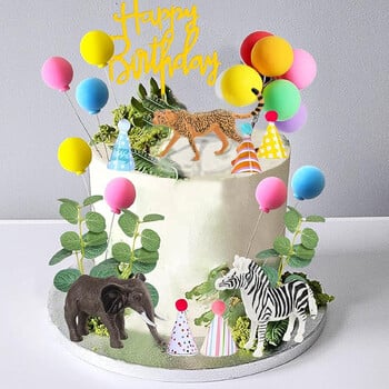 Safari Animal Cake Toppers с мини шапка за парти за рожден ден Цветни топки Декорации за торта за джунглата Дива тема Парти консумативи