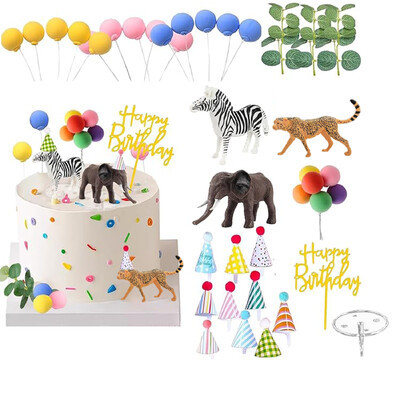 Safari Animal Cake Toppers με Mini Birthday Party Hat Color Balls Διακοσμήσεις κέικ για είδη πάρτι με θέμα τη ζούγκλα