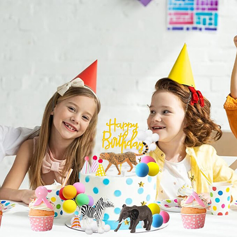 Szafari állatos tortafeltétek mini születésnapi parti sapkával színes golyós tortadíszek a dzsungel vad témájú parti kellékekhez