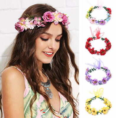 Νέα μόδα Bohemia Garland Rose Flower Crown Γυναικείες κορδέλες με ρυθμιζόμενη κορδέλα για κορίτσια Floral στεφάνι Νυφικό Halo Headpiece