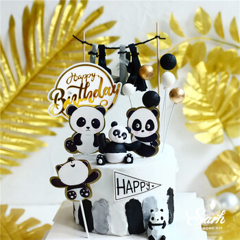 Ins Panda Cake Toppers Бамбук Декорация от листа на костенурка Честит рожден ден за Деня на детето Момче Момиче Парти консумативи Печене Сладки подаръци