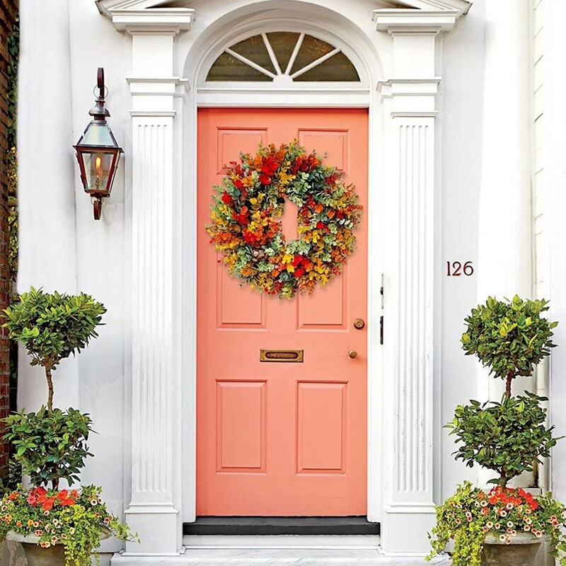 Őszi eukaliptusz koszorú Műnövények Koszorúk bejárati ajtó ablakhoz Parasztház dekoráció Karácsonyi díszek otthoni kertbe