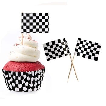 Wheel Racing Car Party Cake Decor Гума Cupcake Topper Мини кариран състезателен флаг Cupcake Toppers Racing Theme Party Консумативи