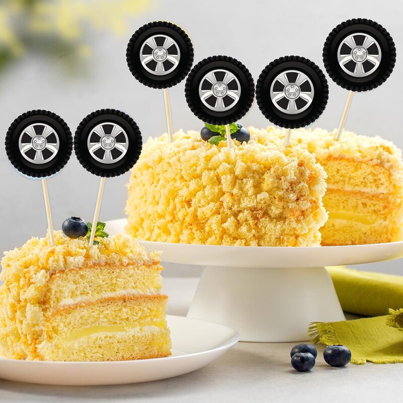 Wheel Racing Car Party Cake Decor Gumiabroncs Cupcake Topper Mini Kockás Racing Flag Cupcake Toppers Verseny tematikus party kellékek