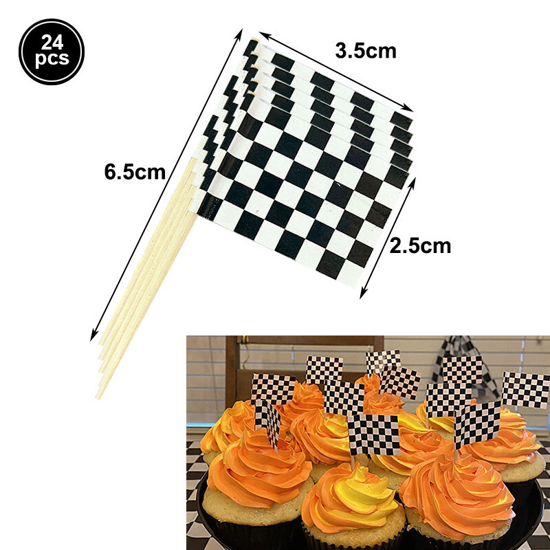 Wheel Racing Car Party Cake Decor Gumiabroncs Cupcake Topper Mini Kockás Racing Flag Cupcake Toppers Verseny tematikus party kellékek