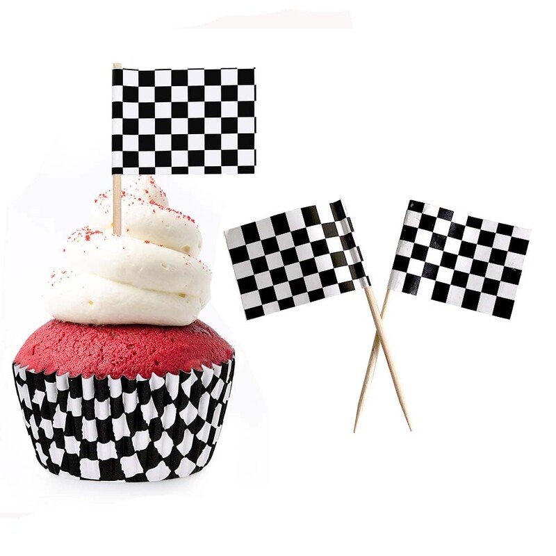 Wheel Racing Car Party Cake Decor Gumiabroncs Cupcake Topper Mini Kockás Racing Flag Cupcake Toppers Verseny tematikus party kellékek