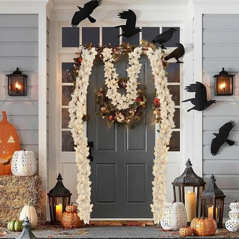 Coroană de frunze de arțar de 5,5 metri, toamnă, decorare festivă, dovleci artificiali albi, coroană pentru ușă, coroană florală, decor fermă