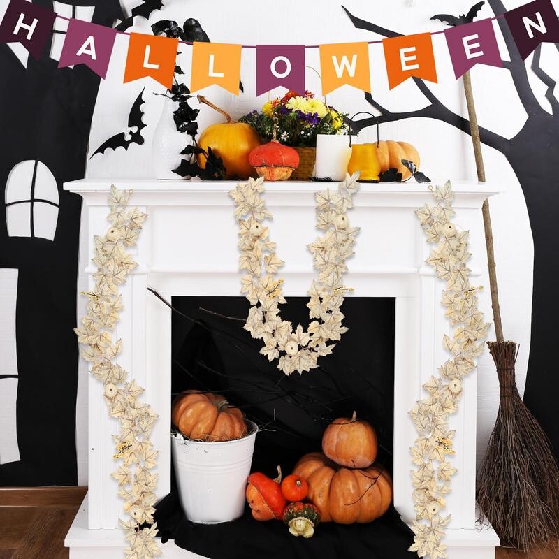 Coroană de frunze de arțar de 5,5 metri, toamnă, decorare festivă, dovleci artificiali albi, coroană pentru ușă, coroană florală, decor fermă