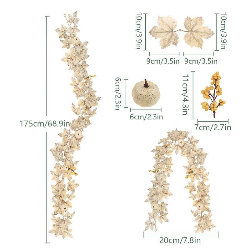 Coroană de frunze de arțar de 5,5 metri, toamnă, decorare festivă, dovleci artificiali albi, coroană pentru ușă, coroană florală, decor fermă