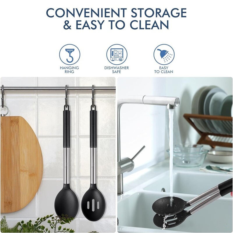 2 bucăți din oțel inoxidabil din silicon lingură strecurătoare set de amestecare unelte de gătit ustensile de bucătărie lingură de salată ustensile de bucătărie antiaderent