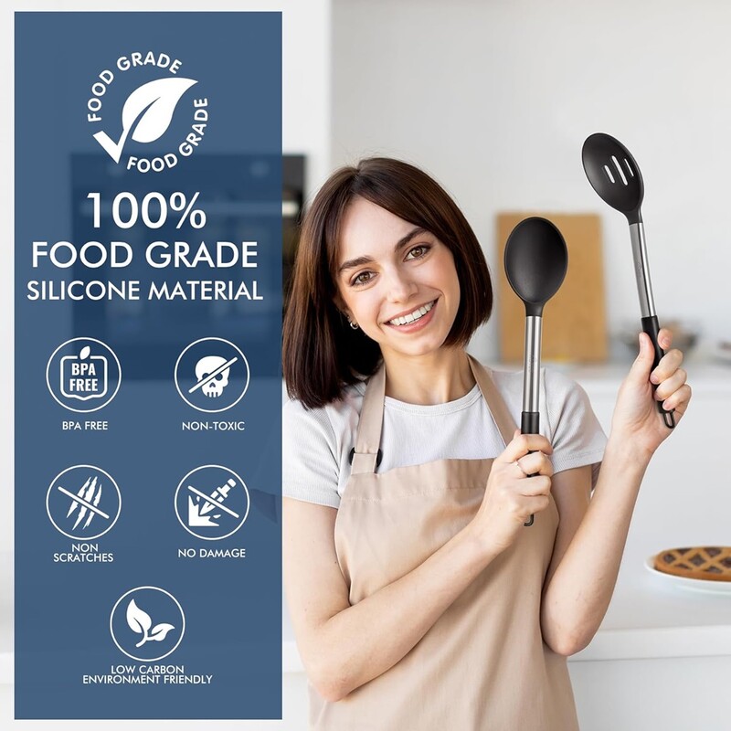 2 bucăți din oțel inoxidabil din silicon lingură strecurătoare set de amestecare unelte de gătit ustensile de bucătărie lingură de salată ustensile de bucătărie antiaderent