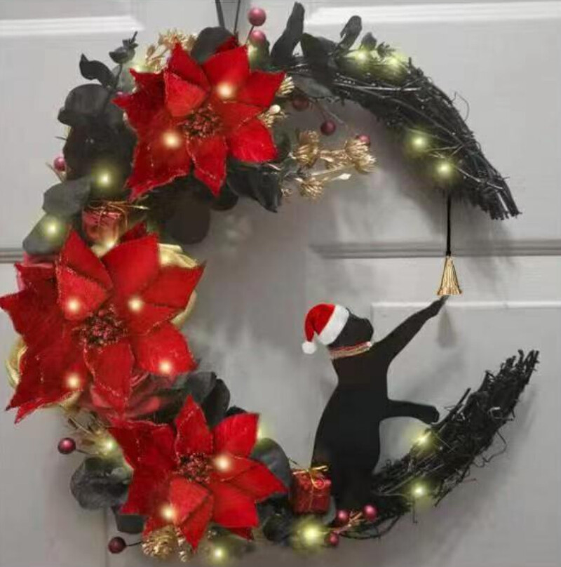 Karácsonyi koszorú, függő fali dekoráció medál, hold alakú macska karácsonyi kalapot visel, koszorú, szárított virág parti