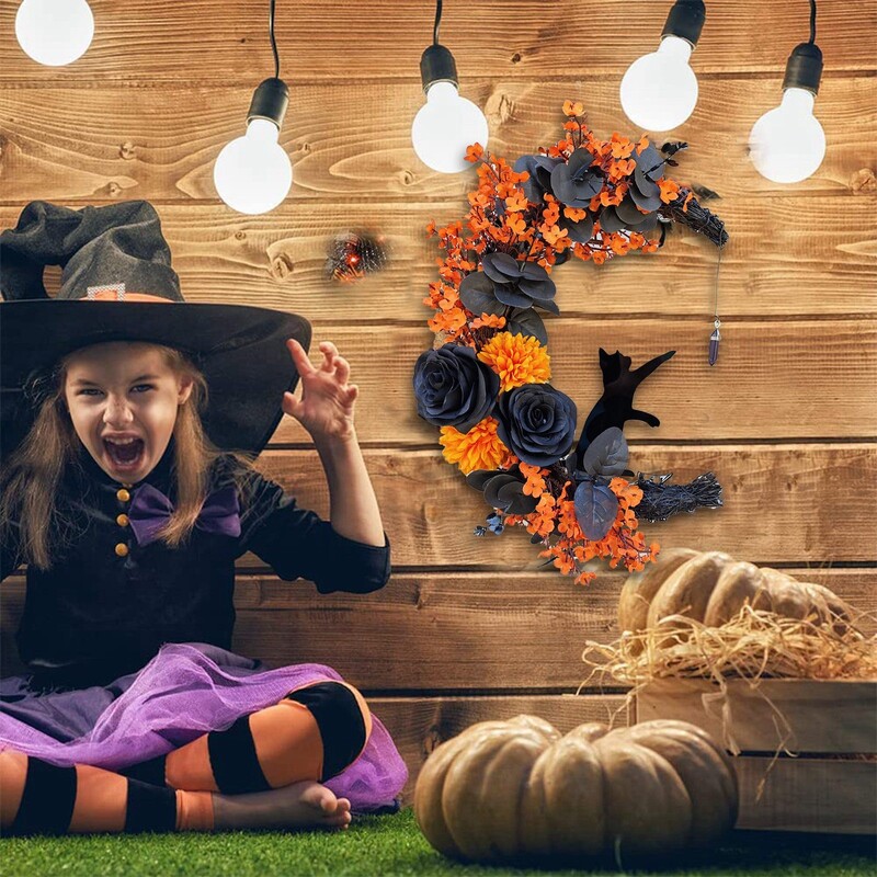 Coroană de pisică cu lună, cu flori și decorațiuni pentru uși, pisică de lună de Halloween, decorațiuni pentru acasă, cadou, decorațiuni de petrecere de Halloween pentru iubitorii de pisici