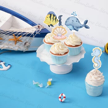 17 бр. Ocean Animals Cupcake Toppers Whale Octoppod Cake Topper за рожден ден Baby Shower Under the Sea Theme Party Decoration