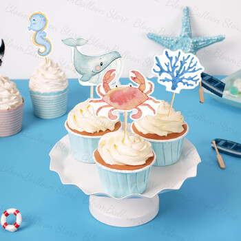 17 бр. Ocean Animals Cupcake Toppers Whale Octoppod Cake Topper за рожден ден Baby Shower Under the Sea Theme Party Decoration