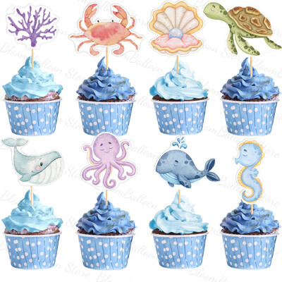 17 τμχ Ocean Animals Cupcake Toppers Whale Octopus Cake Topper για γενέθλια Baby Shower Under the Sea Διακόσμηση πάρτι με θέμα