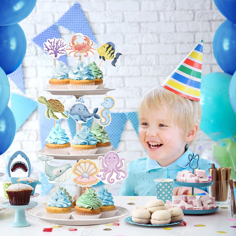17db Ocean Animals Cupcake Toppers Bálnapolip Tortafedő Születésnapi Babazuhany a tenger alatt tematikus buli dekorációhoz