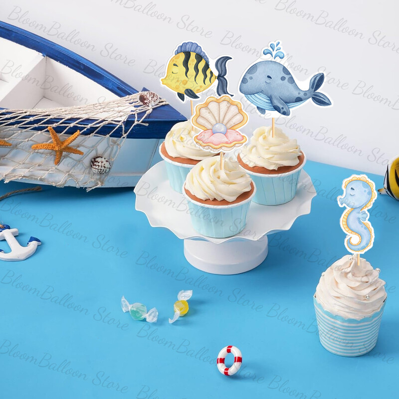 17db Ocean Animals Cupcake Toppers Bálnapolip Tortafedő Születésnapi Babazuhany a tenger alatt tematikus buli dekorációhoz
