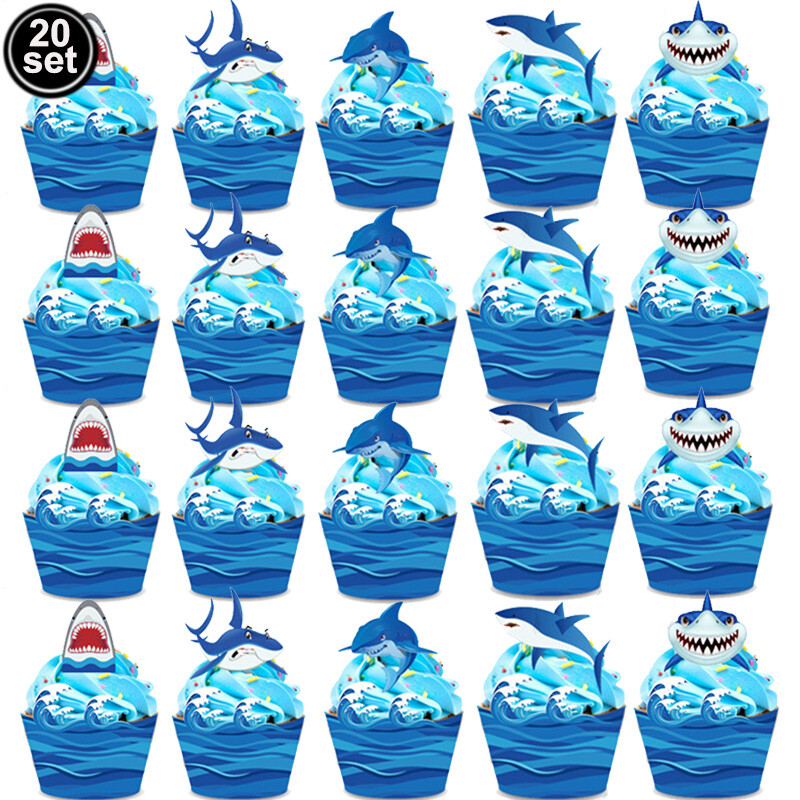 20 de bucăți rafinat și minunat Baby Shark Cupcake Toppers Rechin Tema pentru petrecere Tort Rechizite pentru copii Rechizite pentru petrecerea de aniversare Decorații