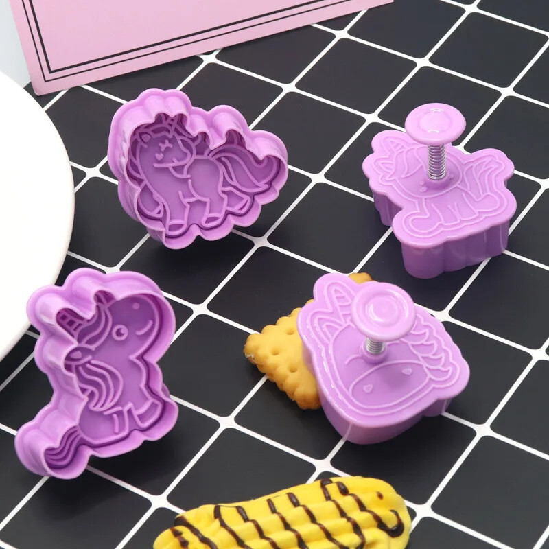 4 bucăți/set forme de unicorn forme de tăiat pentru biscuiți din plastic 3D desene animate matriță presabilă pentru biscuiți ștampila pentru prăjituri bucătărie coacere produse de patiserie instrument de copt