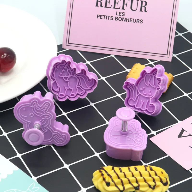 4 bucăți/set forme de unicorn forme de tăiat pentru biscuiți din plastic 3D desene animate matriță presabilă pentru biscuiți ștampila pentru prăjituri bucătărie coacere produse de patiserie instrument de copt