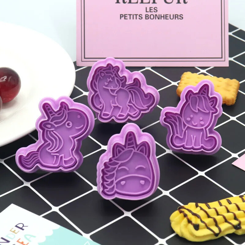 4 bucăți/set forme de unicorn forme de tăiat pentru biscuiți din plastic 3D desene animate matriță presabilă pentru biscuiți ștampila pentru prăjituri bucătărie coacere produse de patiserie instrument de copt