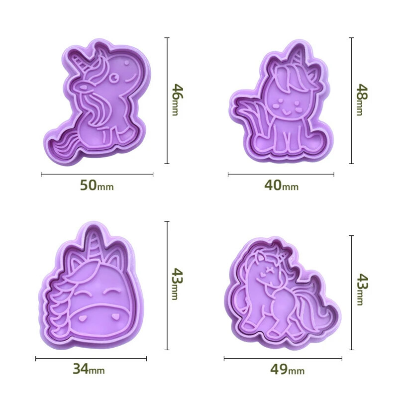 4 bucăți/set forme de unicorn forme de tăiat pentru biscuiți din plastic 3D desene animate matriță presabilă pentru biscuiți ștampila pentru prăjituri bucătărie coacere produse de patiserie instrument de copt