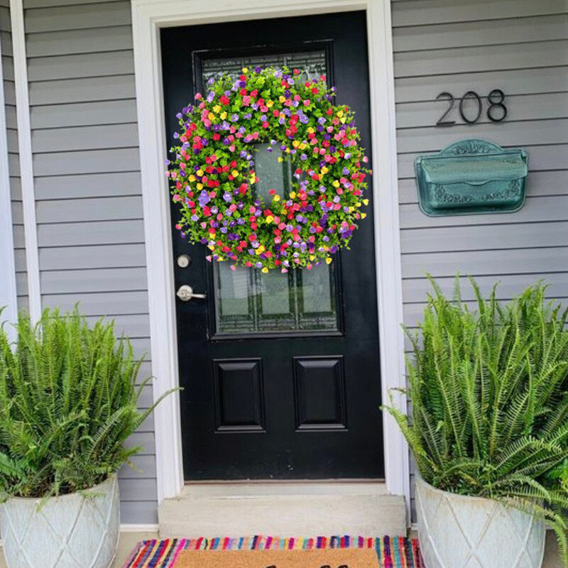 Coroană artificială de flori sălbatice de 40 cm, lucrată manual, colorată, primăvară vară, ghirlande florale, fundal, fereastră de perete, ușă din față, decor de nuntă