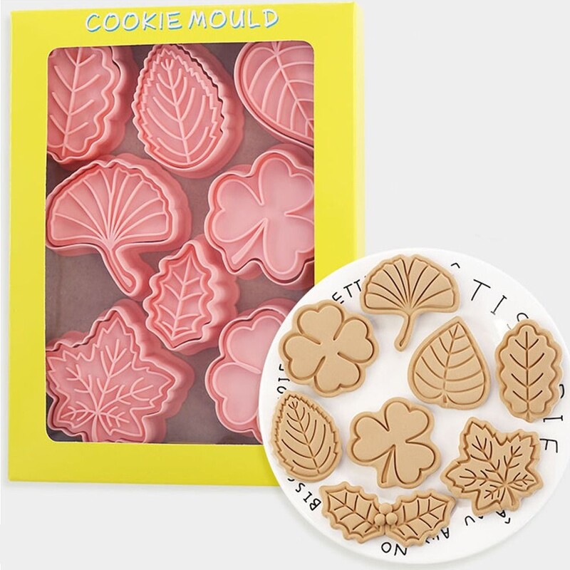 8 bucăți/set de tăietori de biscuiți cu plante de desene animate, formă de frunze 3D, trifoi, matriță presabilă pentru biscuiți, frunze de arțar din plastic, instrumente de coacere a prăjiturii