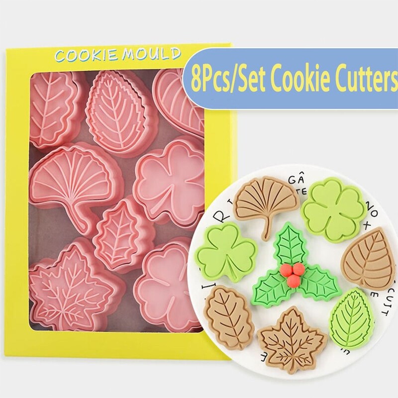 8 bucăți/set de tăietori de biscuiți cu plante de desene animate, formă de frunze 3D, trifoi, matriță presabilă pentru biscuiți, frunze de arțar din plastic, instrumente de coacere a prăjiturii