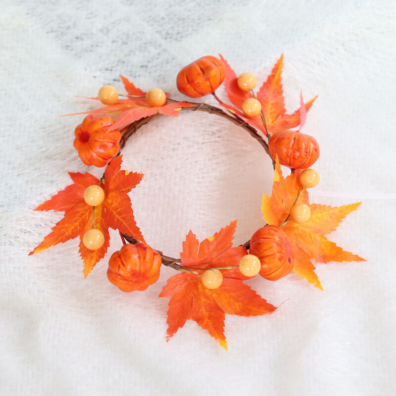 1 buc coroană de dovleci artificiali cu frunze de arțar coroană de recoltă de toamnă, în aer liber, pentru Halloween, pentru decorațiuni de Ziua Recunoștinței