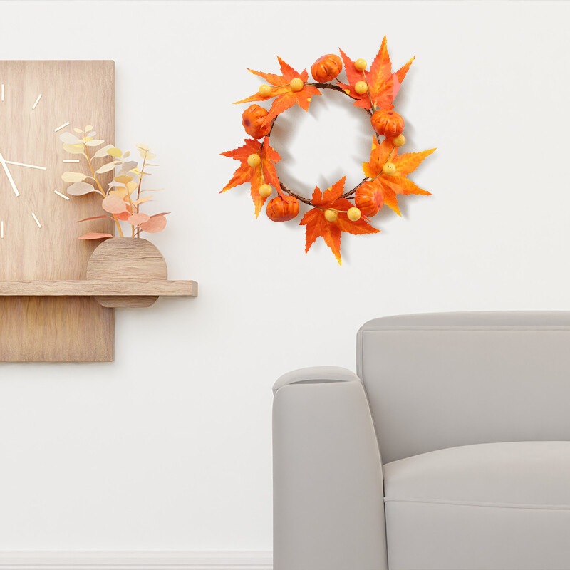 1 buc coroană de dovleci artificiali cu frunze de arțar coroană de recoltă de toamnă, în aer liber, pentru Halloween, pentru decorațiuni de Ziua Recunoștinței