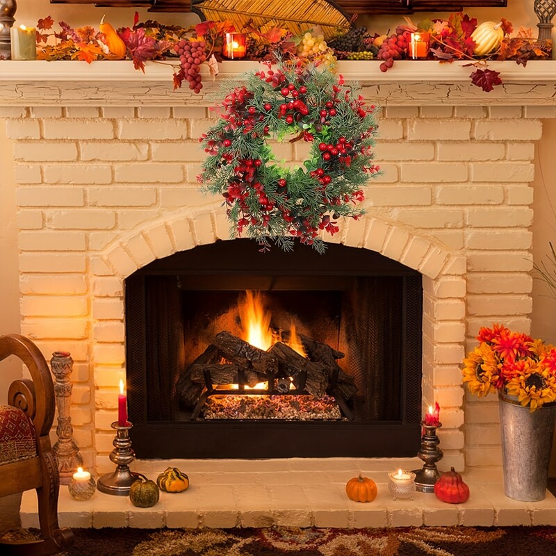 Coroană artificială de Crăciun de 18 inchi Coroană de frunze de pin verde cu fructe de pădure roșii mari pentru decorarea cu pandantiv agățat ușa din față de Crăciun