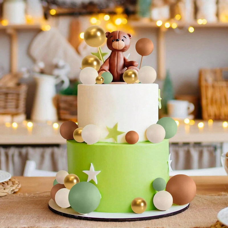 10 buc. Topper pentru tort, verde salvie, maro, bile de spumă aurie, pentru decorare pentru tort, pentru Baby Shower, petrecere de aniversare, decorare pentru tort