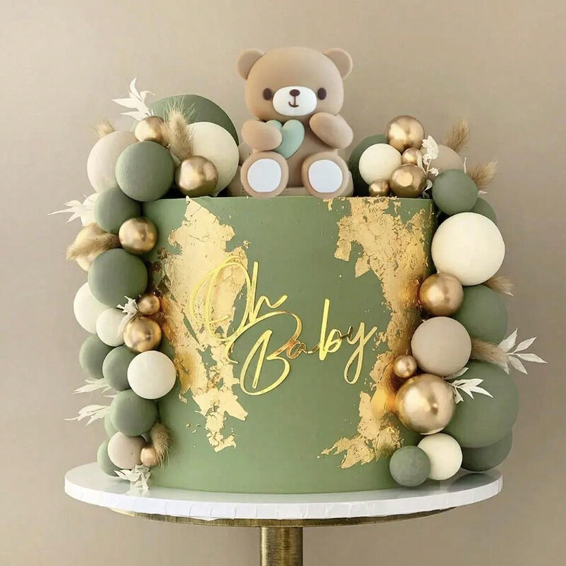 10 buc. Topper pentru tort, verde salvie, maro, bile de spumă aurie, pentru decorare pentru tort, pentru Baby Shower, petrecere de aniversare, decorare pentru tort