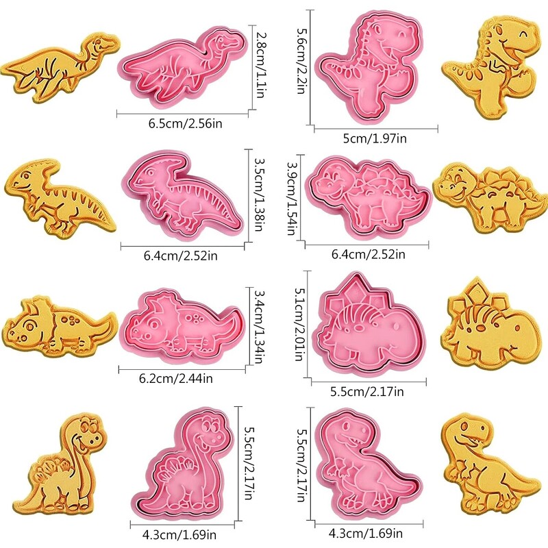 8 bucăți tăietoare de biscuiți din dinozaur din plastic pentru desene animate, matriță presabilă pentru biscuiți, pentru cofetărie, ștampila pentru prăjituri, unelte de patiserie pentru coacere