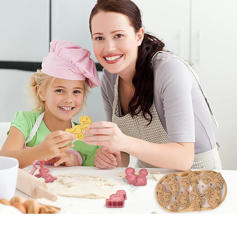 8 bucăți tăietoare de biscuiți din dinozaur din plastic pentru desene animate, matriță presabilă pentru biscuiți, pentru cofetărie, ștampila pentru prăjituri, unelte de patiserie pentru coacere