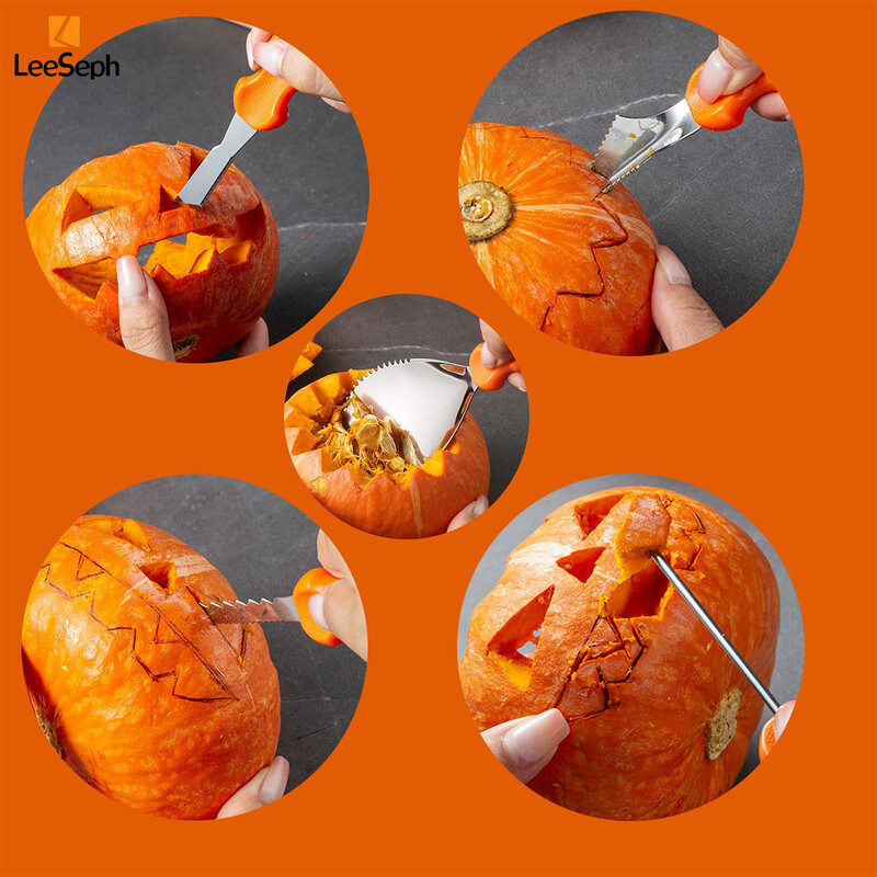 Kit de sculptat dovleac de Halloween Leeseph, set de instrumente de sculptură din oțel inoxidabil cu geantă de transport, instrument de sculptură DIY pentru decorare de Halloween